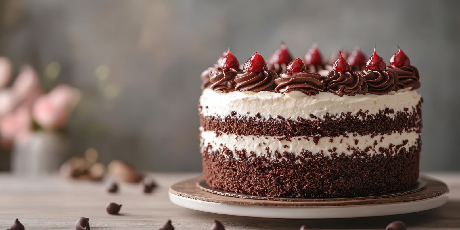 Chocolate cake decorated with cherries and cream on a rustic wooden table
